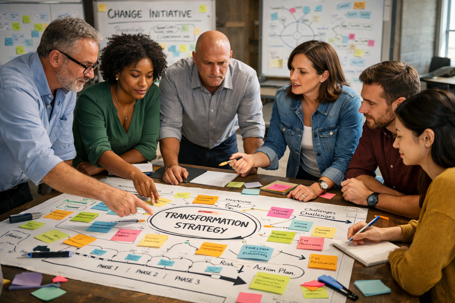 a group of people mapping out a big change initiative-1