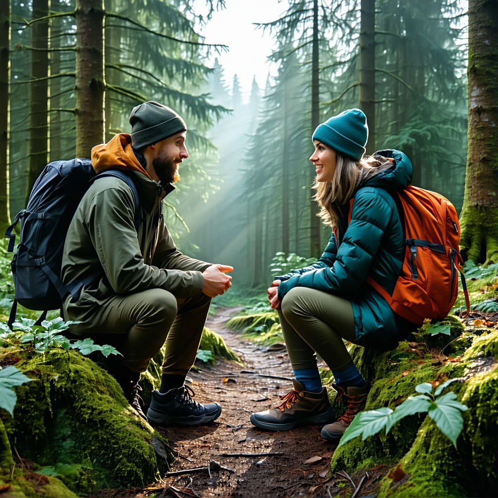 build an image of 2 people having a conversation looking at 2 trails in the woods