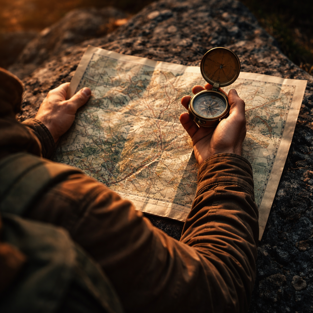 cinematic person with a compass and a map