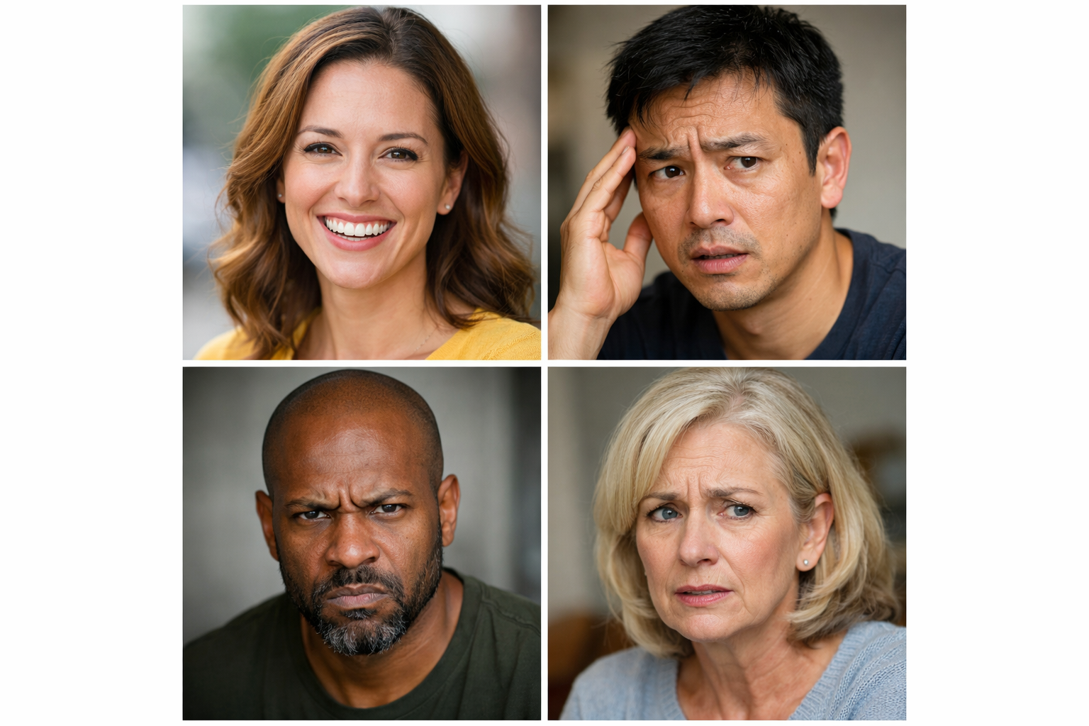 make a group of headshots of people that show different emotions  happy worried mad concerned