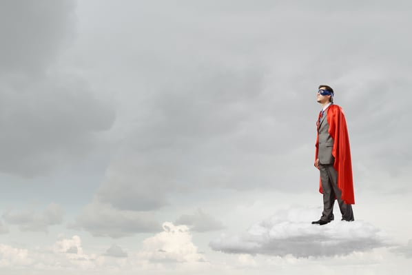 Young man in superhero costume representing power and courage